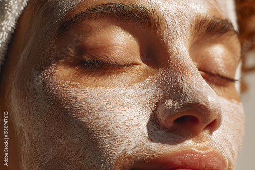 Close up of person with white facial mask applied on their skin, eyes closed, enjoying relaxing skincare treatment in natural light