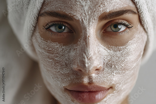 Close up portrait of woman with white foamy facial mask and towel wrapped around her head, showing clear skin and green eyes in spa setting