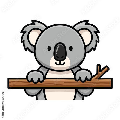 Cute cartoon koala clinging to a wooden branch with paws, against white