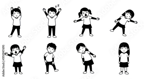 Black and White Line Art Kids Exercising, Stretching, and Playing