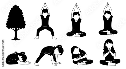 Black and White Vector Icon Set of Children Doing Yoga and Tree