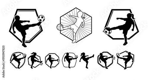 Black and white soccer player girl silhouettes in hexagon icons, sports logo