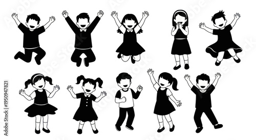 Black  White Line Art Illustration of Happy Jumping Children