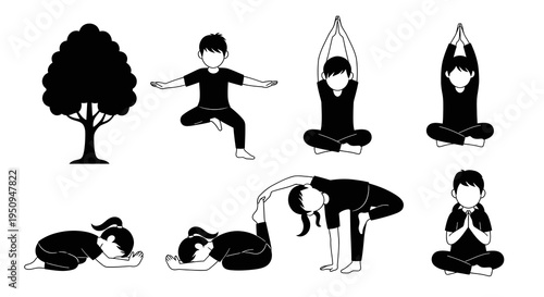 Children doing yoga poses black and white vector illustration