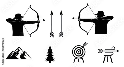 Archery Icons: Black  White Silhouette Set for Sports  Outdoors