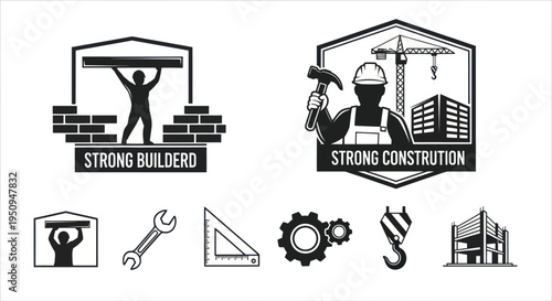 Construction industry vector icons: strong builder  worker, crane, building