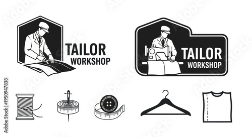 Tailor Workshop Logo with Sewing Elements, Black and White Line Art