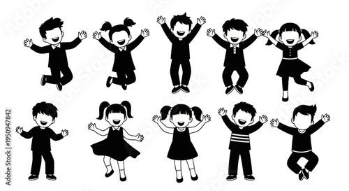 Happy Children Jumping, Black and White Vector Silhouettes