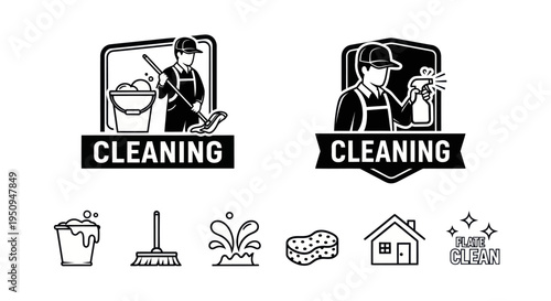 Cleaning service vector logos and icons set, man with mop and spray bottle, bw