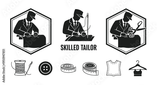 Skilled Tailor Vector Icons: Sewing, Fashion Design, Craftsmanship, Black  White