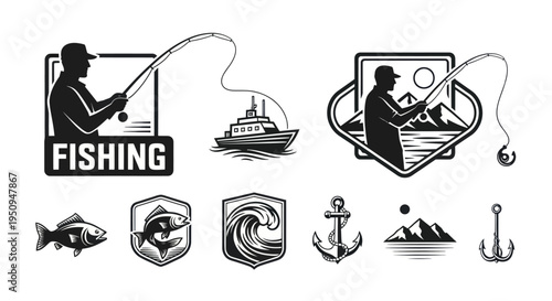 Black  White Fishing Icons Set: Fisherman, Boat, Fish, Anchor, Waves, Mountains, Hook