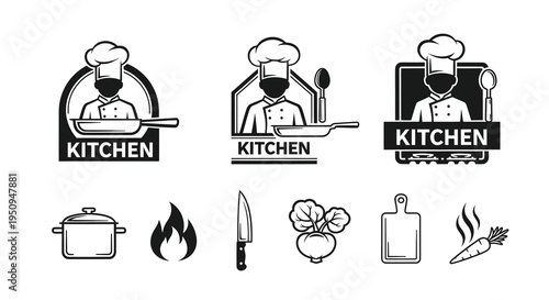 Black and White Line Art Chef Icons with Kitchen Tools and Food
