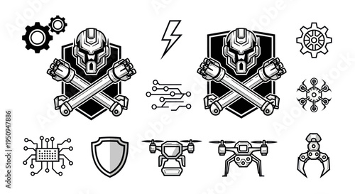 Robot Icons Vector: Technology, AI, Drones, Gears, Shield, Circuit