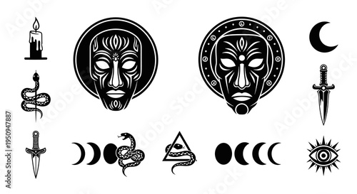 Occult Symbols Tattoo Designs: Masks, Snakes, Dagger, Moon Phases, Eye