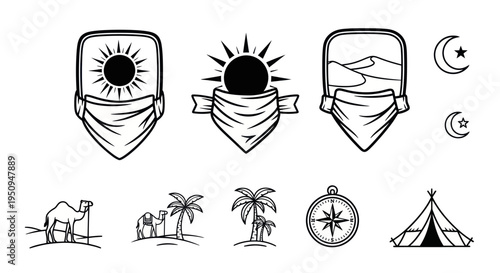 Desert Travel Icons: Camel, Tent, Compass, Sun, Moon, Line Art