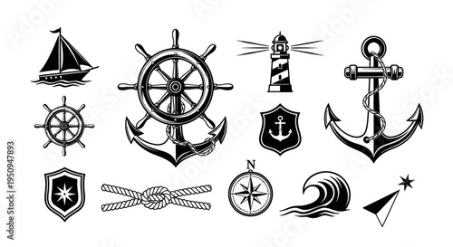 Nautical Icons Set: Sailing Ship, Anchor, Compass, Lighthouse, Wheel, Rope, Wave, Shield