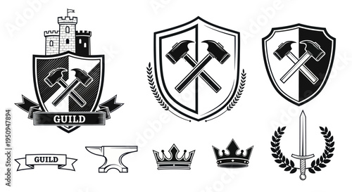 Black and white blacksmith guild emblems with hammers, anvil, crowns, sword, castle