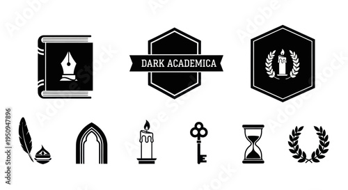 Dark Academia Icons: Book, Candle, Key, Hourglass, Laurel Wreath, Feather