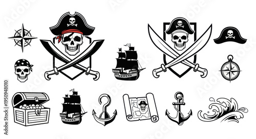 Pirate Icons Set: Skull, Ship, Treasure, Compass, Anchor, Waves, Map