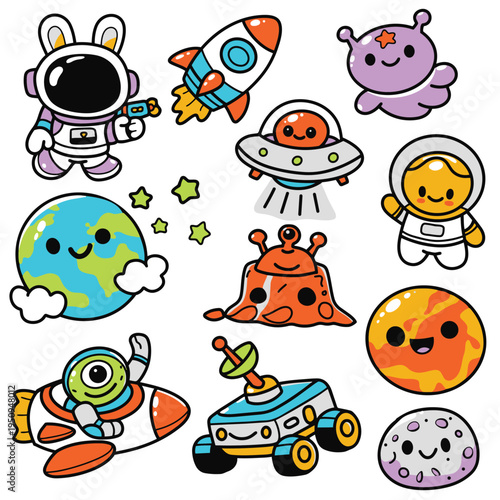 Cartoon astronaut, rocket, alien, UFO, planet, and space rover with happy expressions