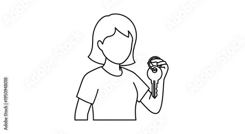 Woman holding a key, representing home ownership, real estate, or new beginnings.