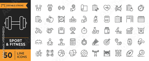 Sport & fitness outline icon set. Editable stroke. Vector illustration
