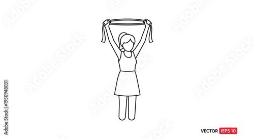 Woman holding a sports scarf above her head, celebrating a victory, outline icon