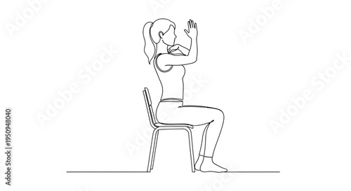 Woman doing yoga seated eagle arms pose on chair, one line drawing