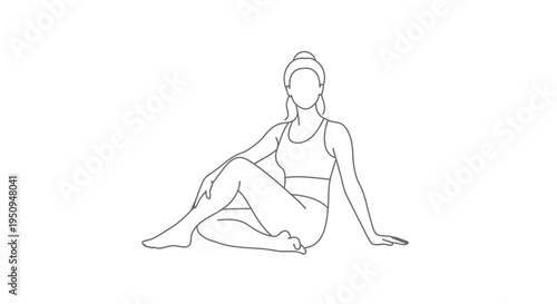 Woman doing yoga seated twist pose line art, healthy lifestyle, fitness, wellness, simple illustration