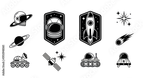 Black and White Space Icons: Astronaut Helmet, Rocket, Planet, Rover, Satellite, Comet