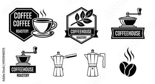 Black and White Coffeehouse Roastery Logos with Coffee Cup and Grinder Icons