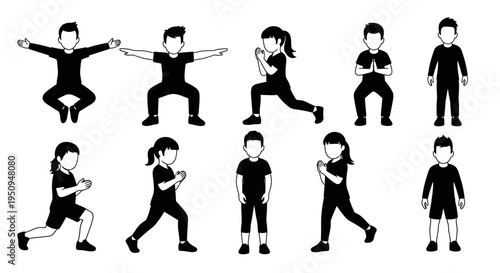Black  White Children Doing Various Exercises, Vector Art