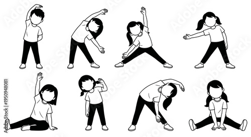 Black  White Line Art of Children Exercising for Health and Fitness