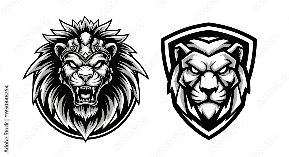 Obraz premium Fierce Lion Head Vector Logo in Black and White Line Art Style