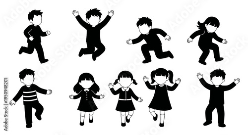 Black and white vector silhouettes of children in various playful poses