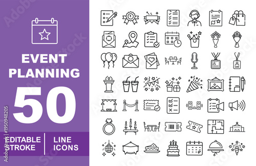Event Planning & Party Celebration Icons. Editable stroke vector icons for professional organizers. Featuring party balloons, invitation envelopes, catering services, stage lighting, champagne toasts