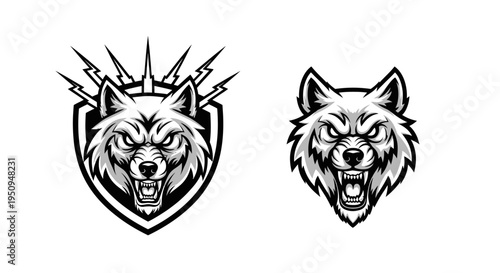 Black and White Wolf Emblem Logo with Lightning Bolt Design
