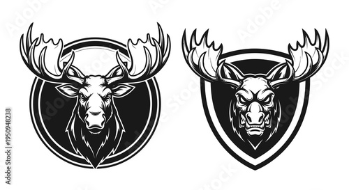 Black and White Moose Head Emblem, Circular and Shield Shapes