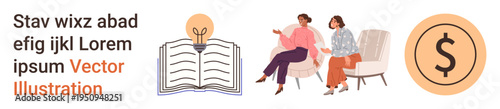 Business ideas, professional discussion, education, financial planning, teamwork, economic growth. Open book, light bulb money symbol two people having a conversation. Business ideas and financial