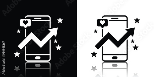 Social Media Growth Icon with Smartphone, Upward Chart, and Marketing Elements Silhouette
