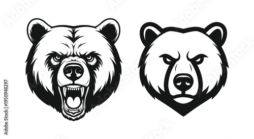 Black and white bear head logos, aggressive grizzly mascot art