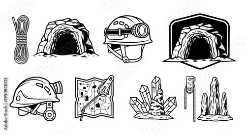 Black and White Cave Exploring Equipment Line Art Icons