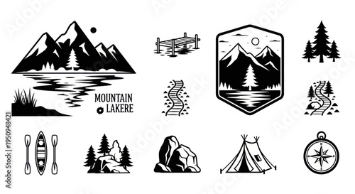 Black and white vector icons for outdoor adventure and camping