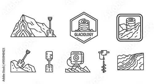 Black and White Line Art Icons of Glaciology Equipment and Ice Cores