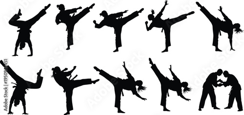 Karate martial arts silhouettes set with female and male fighters performing kicks punches and training poses for sports design projects.