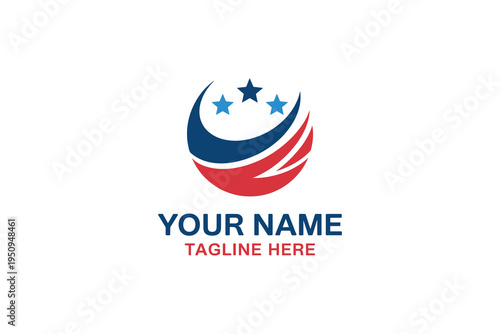 Blue red white star with name and tagline below emblem