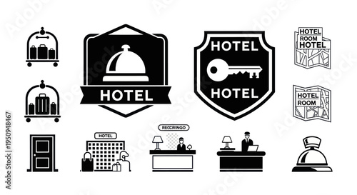 Black  White Hotel Icons Set: Luggage Carts, Door, Reception, Map, Bell