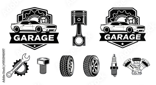 Black and White Automotive Garage Service Icons and Symbols Vector Art