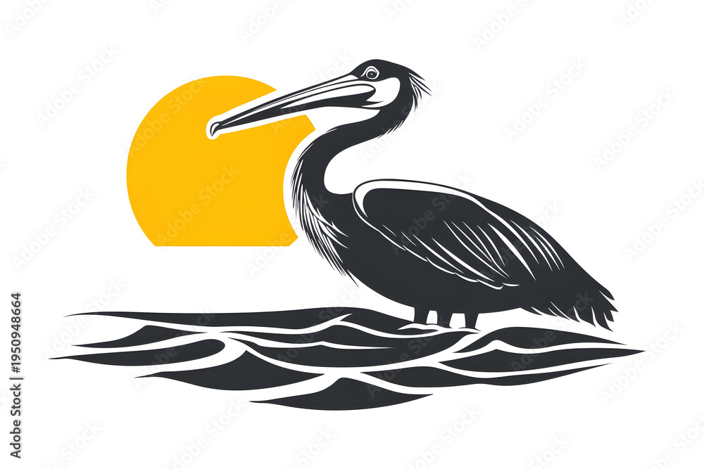 Obraz premium Pelican Silhouette: A striking silhouette of a pelican, set against a stylized sun and water, embodies the beauty of coastal avian life.