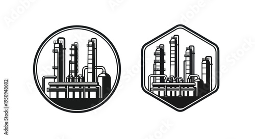 Black and white icon of chemical plant refinery, industrial factory